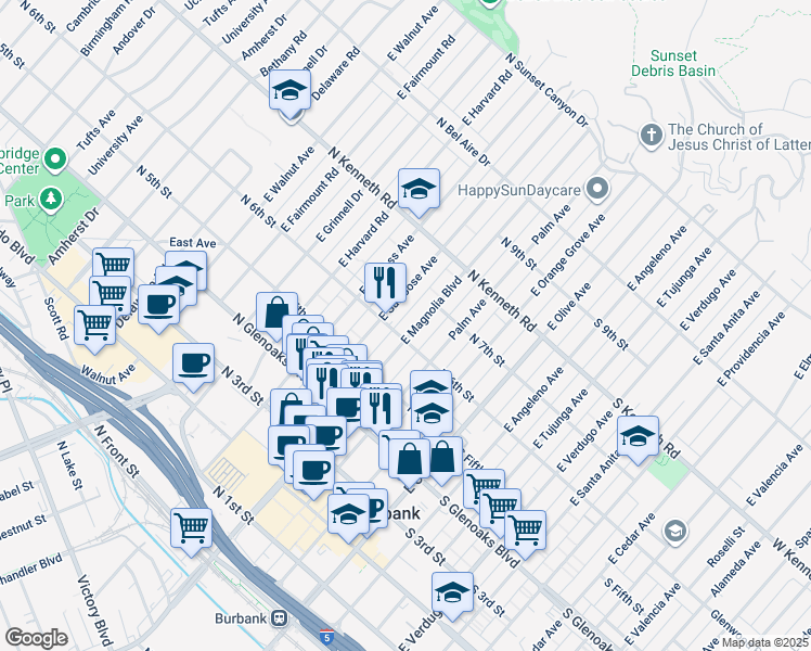 map of restaurants, bars, coffee shops, grocery stores, and more near 614 East Magnolia Boulevard in Burbank