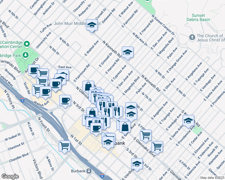 map of restaurants, bars, coffee shops, grocery stores, and more near 554 East San Jose Avenue in Burbank