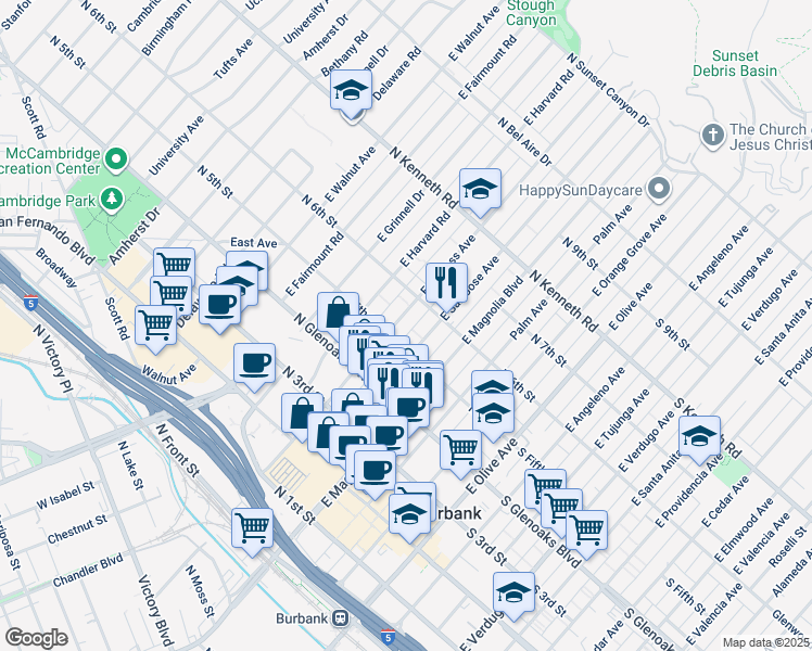 map of restaurants, bars, coffee shops, grocery stores, and more near 510 East Cypress Avenue in Burbank