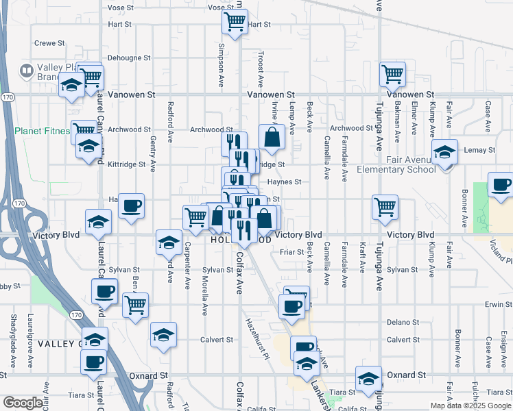 map of restaurants, bars, coffee shops, grocery stores, and more near in Los Angeles