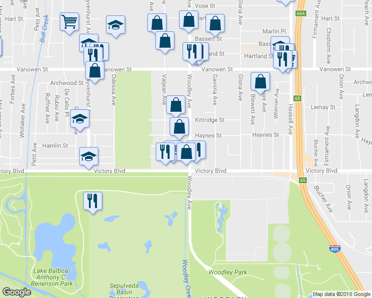 map of restaurants, bars, coffee shops, grocery stores, and more near 6446 Woodley Avenue in Los Angeles