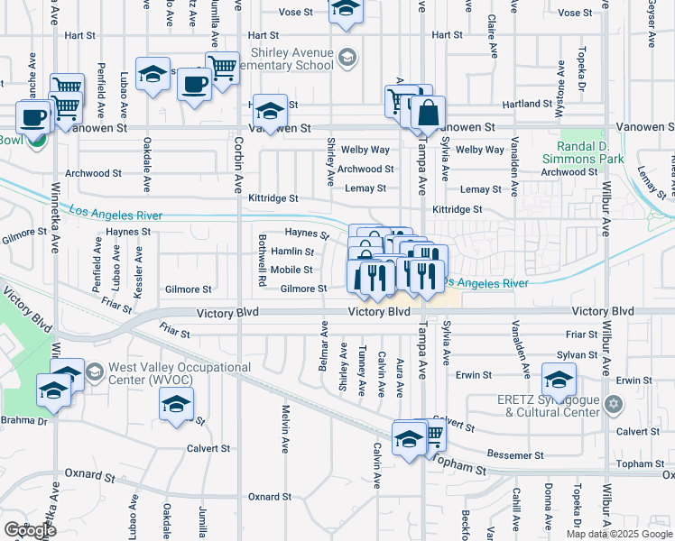 map of restaurants, bars, coffee shops, grocery stores, and more near 6452 Shirley Avenue in Los Angeles