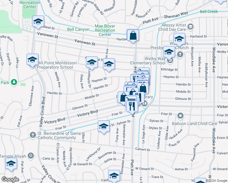 map of restaurants, bars, coffee shops, grocery stores, and more near 23810 Mobile Street in Los Angeles