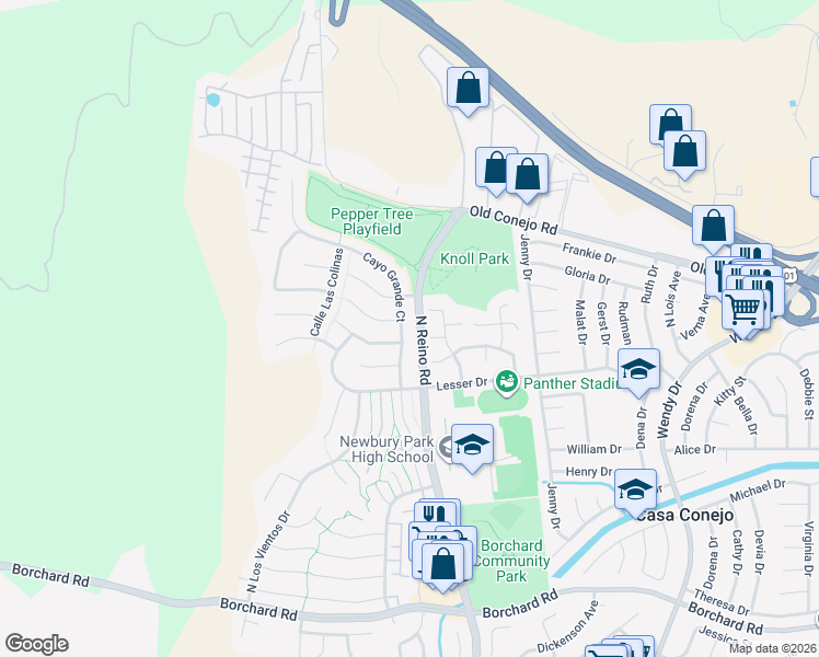 map of restaurants, bars, coffee shops, grocery stores, and more near 740 Cayo Grande Court in Thousand Oaks