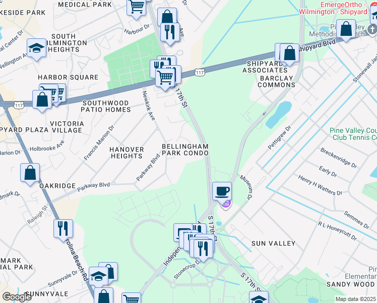 map of restaurants, bars, coffee shops, grocery stores, and more near 2820 Bloomfield Lane in Wilmington