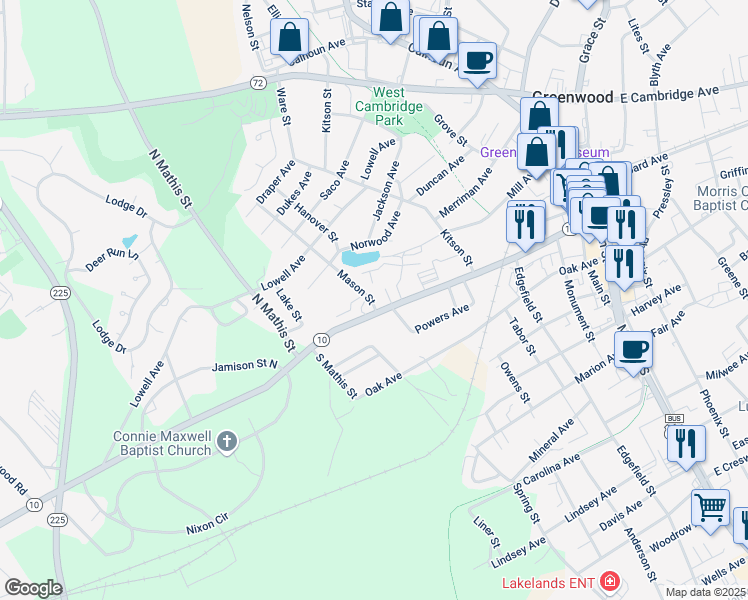 map of restaurants, bars, coffee shops, grocery stores, and more near 518 Maxwell Avenue in Greenwood