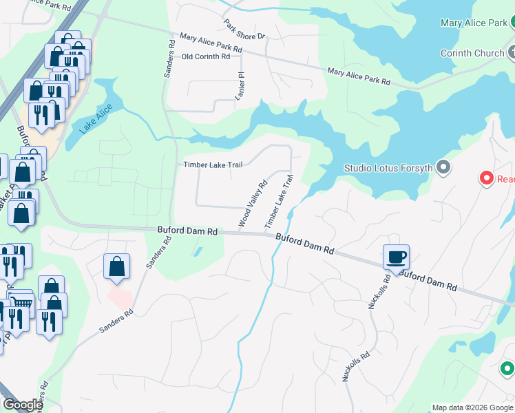map of restaurants, bars, coffee shops, grocery stores, and more near 1120 Wood Valley Road in Cumming