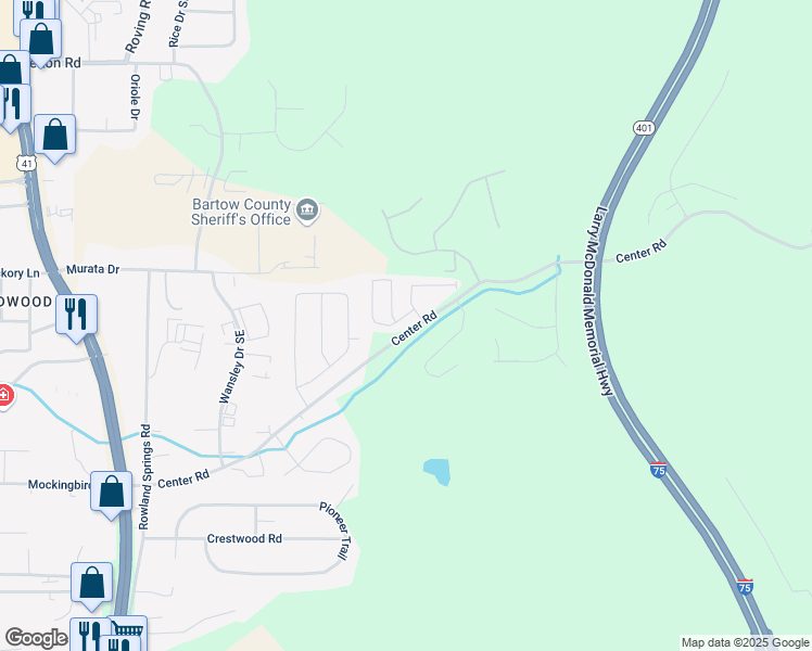 map of restaurants, bars, coffee shops, grocery stores, and more near 17 Wyndham Court in Cartersville