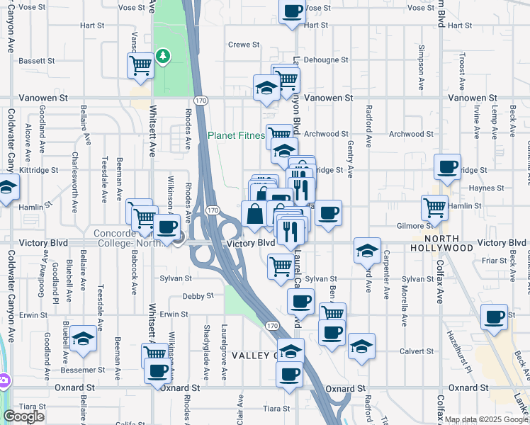 map of restaurants, bars, coffee shops, grocery stores, and more near 12121 Victory Boulevard in Los Angeles