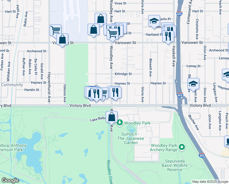 map of restaurants, bars, coffee shops, grocery stores, and more near 6452 Woodley Avenue in Los Angeles