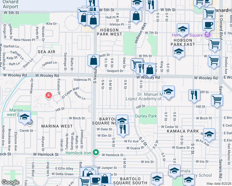 map of restaurants, bars, coffee shops, grocery stores, and more near 1214 South L Street in Oxnard