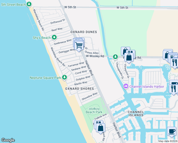 map of restaurants, bars, coffee shops, grocery stores, and more near 4921 Nautilus Street in Oxnard