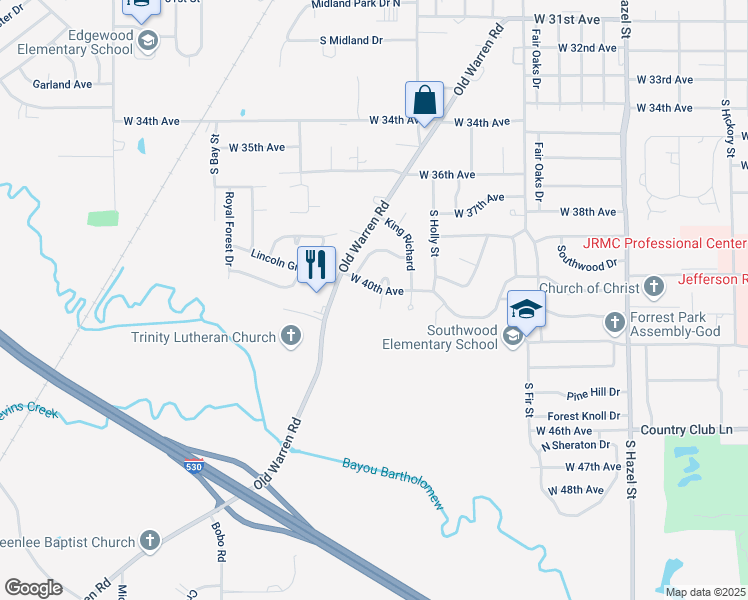 map of restaurants, bars, coffee shops, grocery stores, and more near 16 Hunters Cove in Pine Bluff