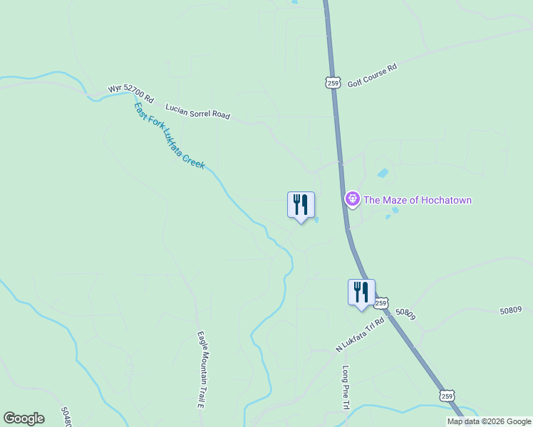 map of restaurants, bars, coffee shops, grocery stores, and more near 22 Timberwolf Trail in Broken Bow