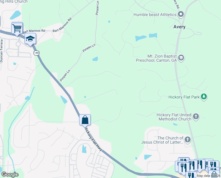 map of restaurants, bars, coffee shops, grocery stores, and more near 4921 Hickory Flat Highway in Canton
