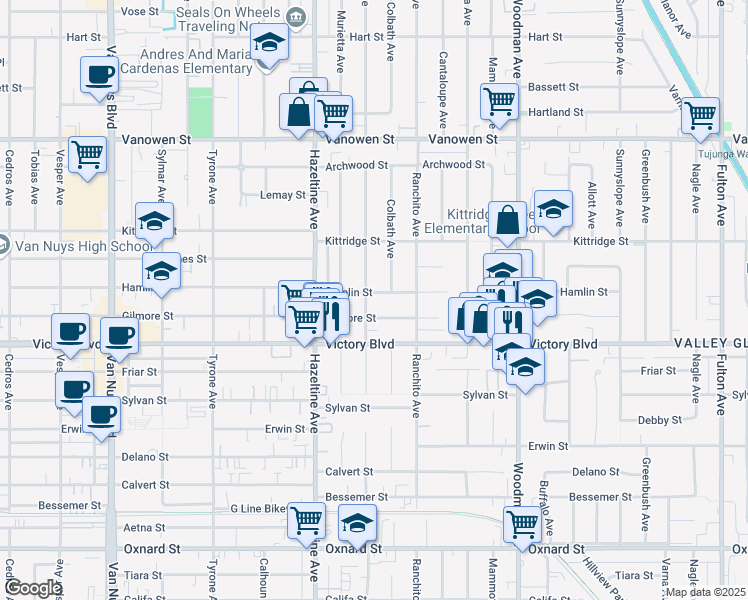 map of restaurants, bars, coffee shops, grocery stores, and more near 13954 Hamlin Street in Los Angeles