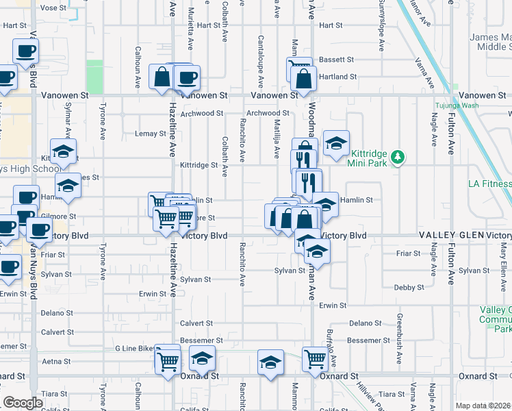 map of restaurants, bars, coffee shops, grocery stores, and more near 13842 Hamlin Street in Los Angeles