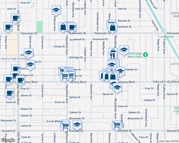 map of restaurants, bars, coffee shops, grocery stores, and more near 13906 Hamlin Street in Los Angeles