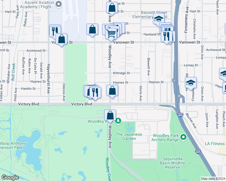 map of restaurants, bars, coffee shops, grocery stores, and more near 6452 Woodley Avenue in Los Angeles