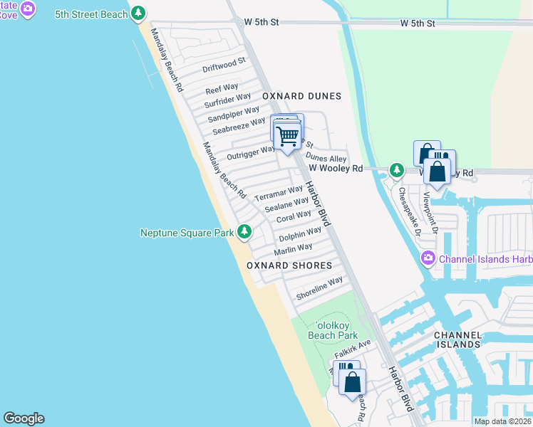 map of restaurants, bars, coffee shops, grocery stores, and more near 5209 Neptune Square in Oxnard