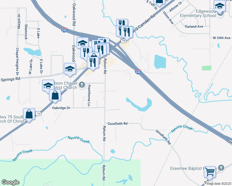 map of restaurants, bars, coffee shops, grocery stores, and more near 5112 Cattlemens Drive in Pine Bluff