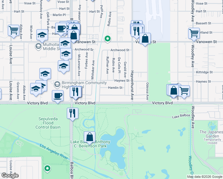 map of restaurants, bars, coffee shops, grocery stores, and more near 16620 Hamlin Street in Los Angeles