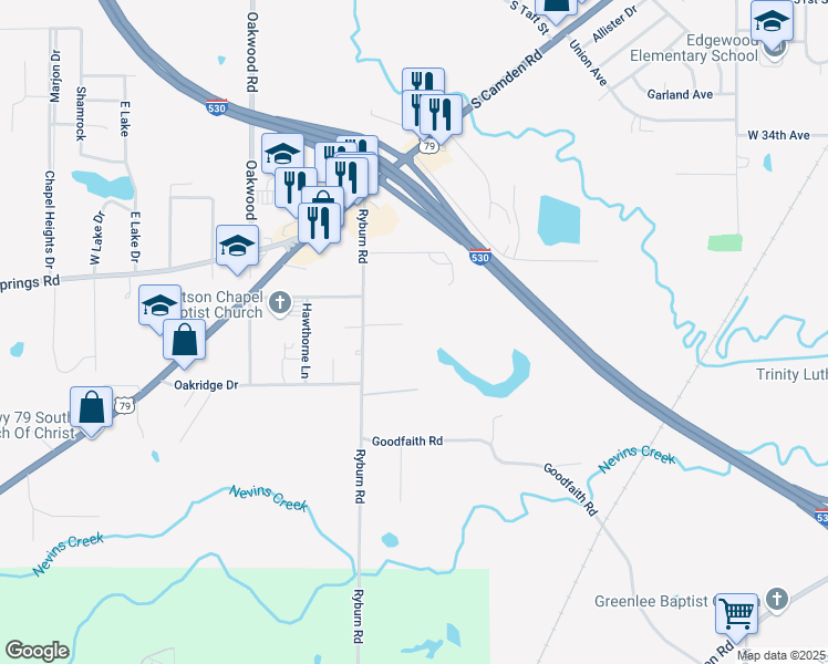 map of restaurants, bars, coffee shops, grocery stores, and more near 5112 Cattlemens Drive in Pine Bluff