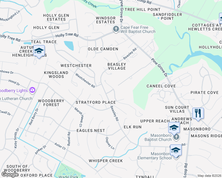 map of restaurants, bars, coffee shops, grocery stores, and more near 108 Mackenzie Drive in Wilmington