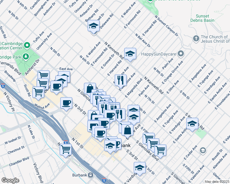map of restaurants, bars, coffee shops, grocery stores, and more near 557 East San Jose Avenue in Burbank