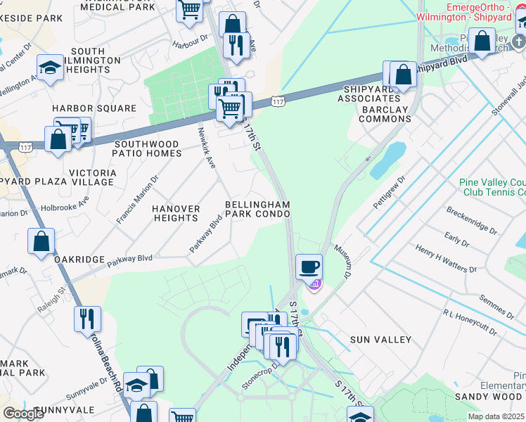 map of restaurants, bars, coffee shops, grocery stores, and more near 2820 Bloomfield Lane in Wilmington