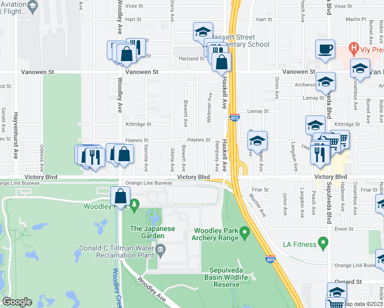 map of restaurants, bars, coffee shops, grocery stores, and more near 6455 Densmore Avenue in Los Angeles