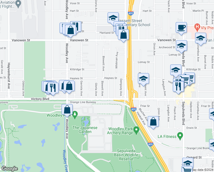 map of restaurants, bars, coffee shops, grocery stores, and more near 6455 Densmore Avenue in Los Angeles