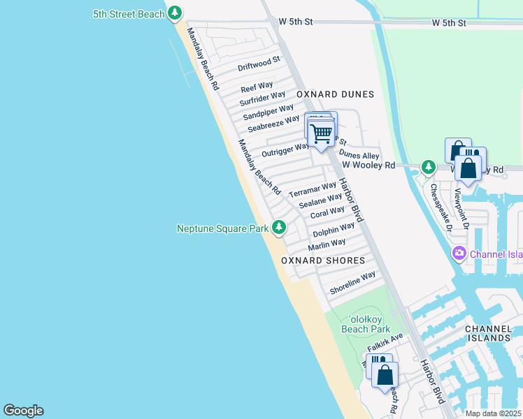 map of restaurants, bars, coffee shops, grocery stores, and more near 5234 Terramar Way in Oxnard
