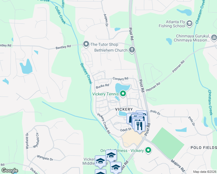 map of restaurants, bars, coffee shops, grocery stores, and more near 6890 Bucks Road in Cumming