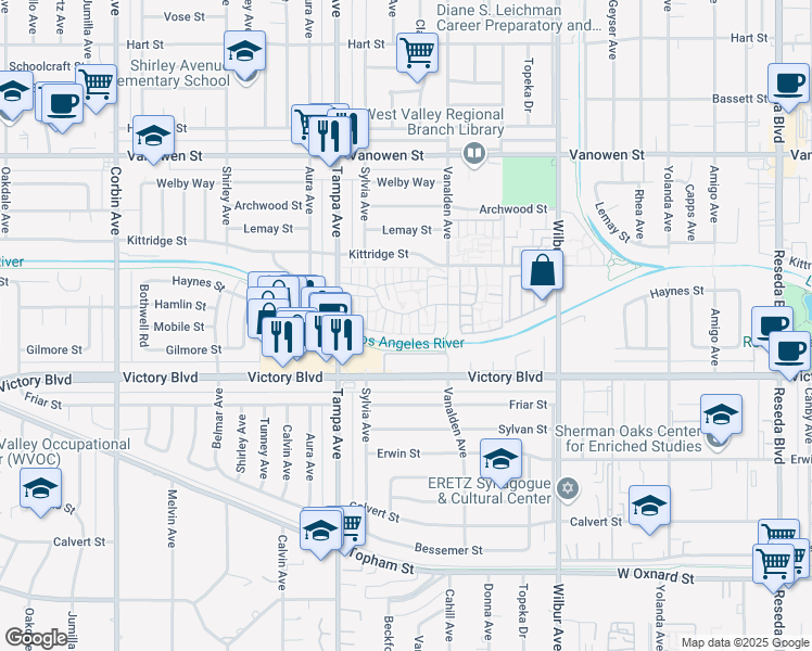 map of restaurants, bars, coffee shops, grocery stores, and more near 19144 Hamlin Street in Los Angeles