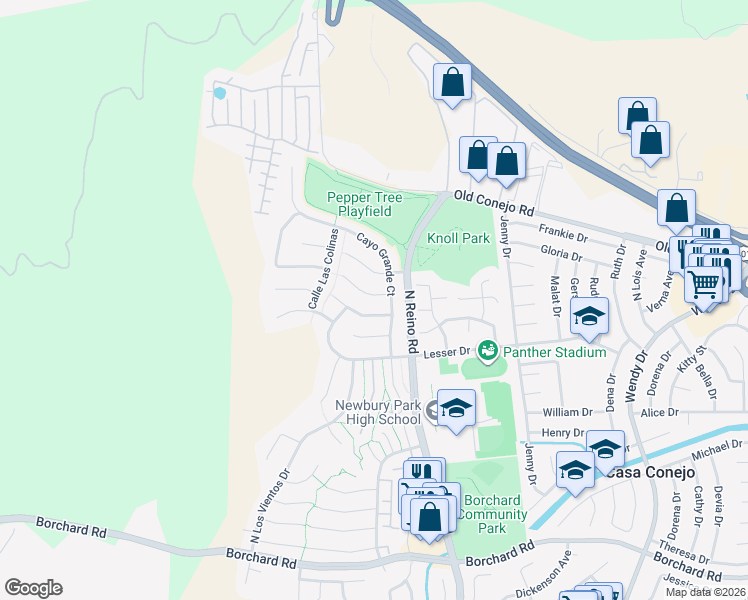 map of restaurants, bars, coffee shops, grocery stores, and more near 3772 Calle Posadas in Thousand Oaks