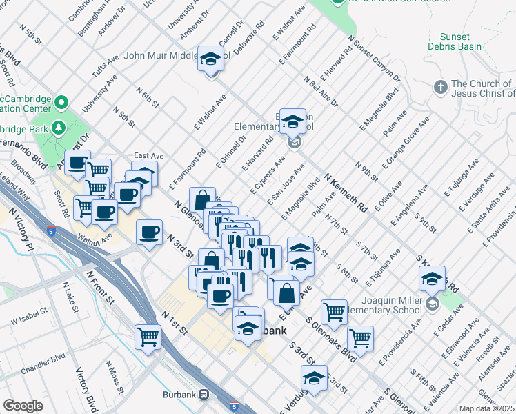 map of restaurants, bars, coffee shops, grocery stores, and more near 557 East San Jose Avenue in Burbank