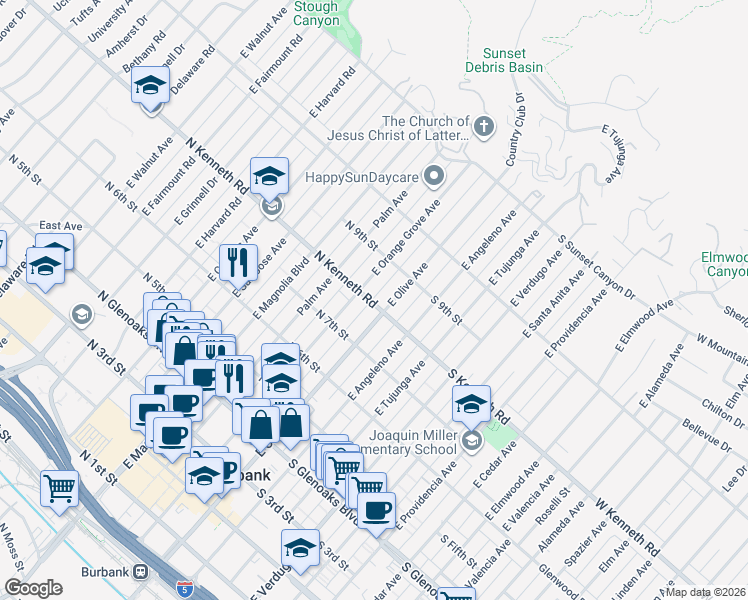 map of restaurants, bars, coffee shops, grocery stores, and more near 112 North Kenneth Road in Burbank