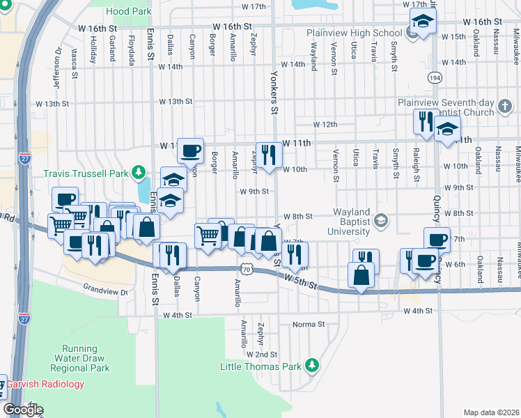 map of restaurants, bars, coffee shops, grocery stores, and more near 802 Zephyr in Plainview
