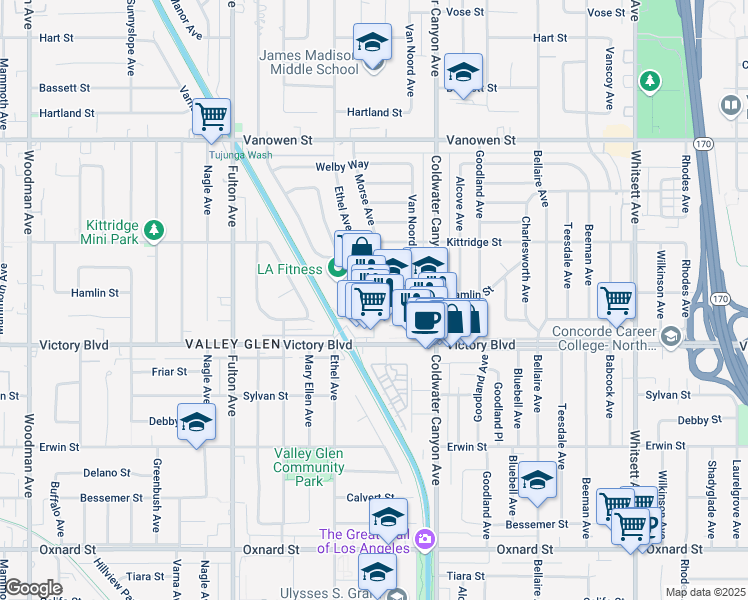 map of restaurants, bars, coffee shops, grocery stores, and more near 13005 Victory Boulevard in Los Angeles