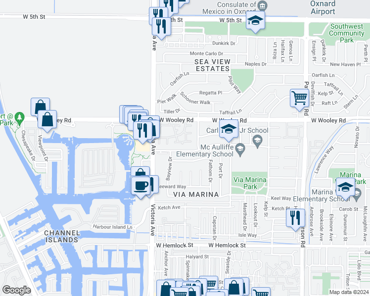 map of restaurants, bars, coffee shops, grocery stores, and more near 3621 Via Marina Avenue in Oxnard