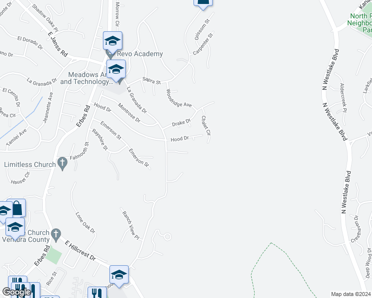 map of restaurants, bars, coffee shops, grocery stores, and more near 2485 Bascom Court in Thousand Oaks