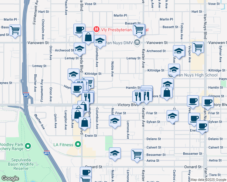 map of restaurants, bars, coffee shops, grocery stores, and more near 15043 Gilmore Street in Los Angeles