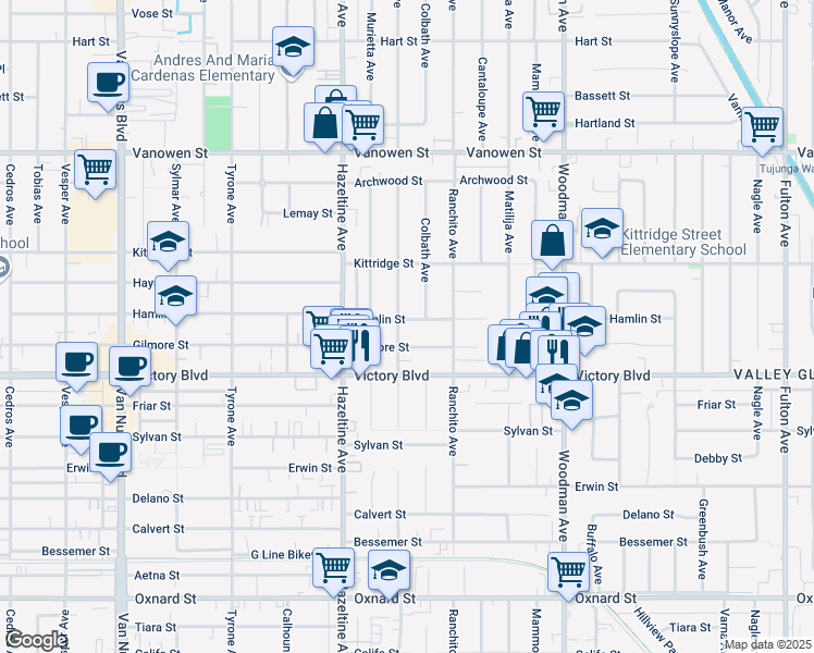 map of restaurants, bars, coffee shops, grocery stores, and more near 13954 Hamlin Street in Los Angeles