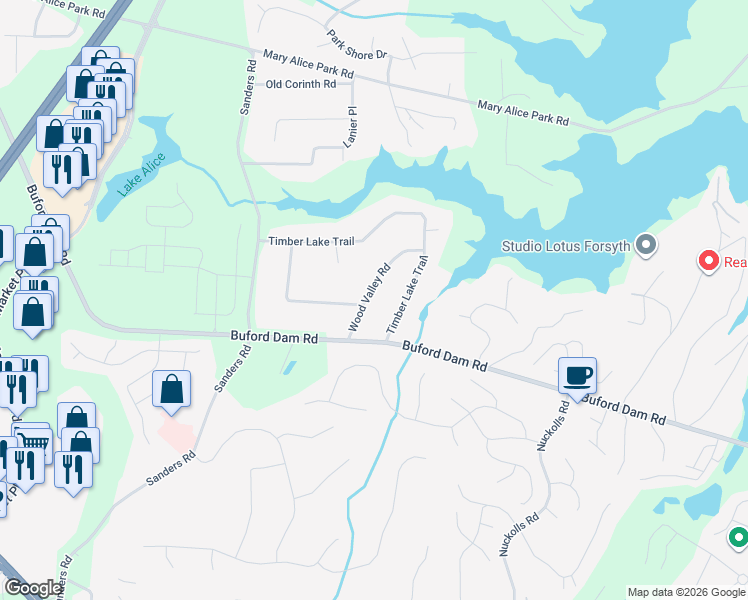 map of restaurants, bars, coffee shops, grocery stores, and more near 1120 Wood Valley Road in Cumming