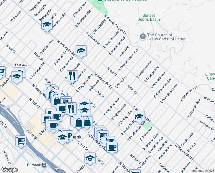 map of restaurants, bars, coffee shops, grocery stores, and more near 750 East Orange Grove Avenue in Burbank