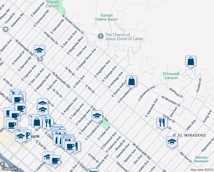 map of restaurants, bars, coffee shops, grocery stores, and more near 941 East Verdugo Avenue in Burbank