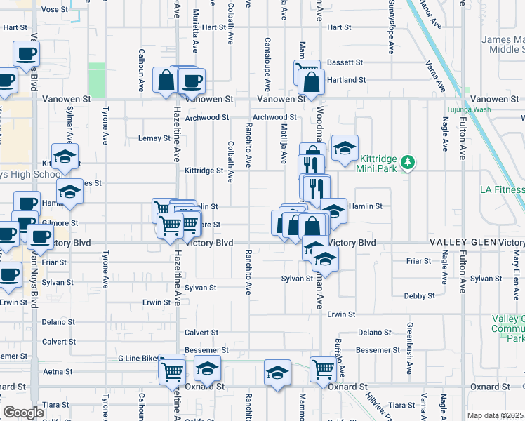 map of restaurants, bars, coffee shops, grocery stores, and more near 13842 Hamlin Street in Los Angeles