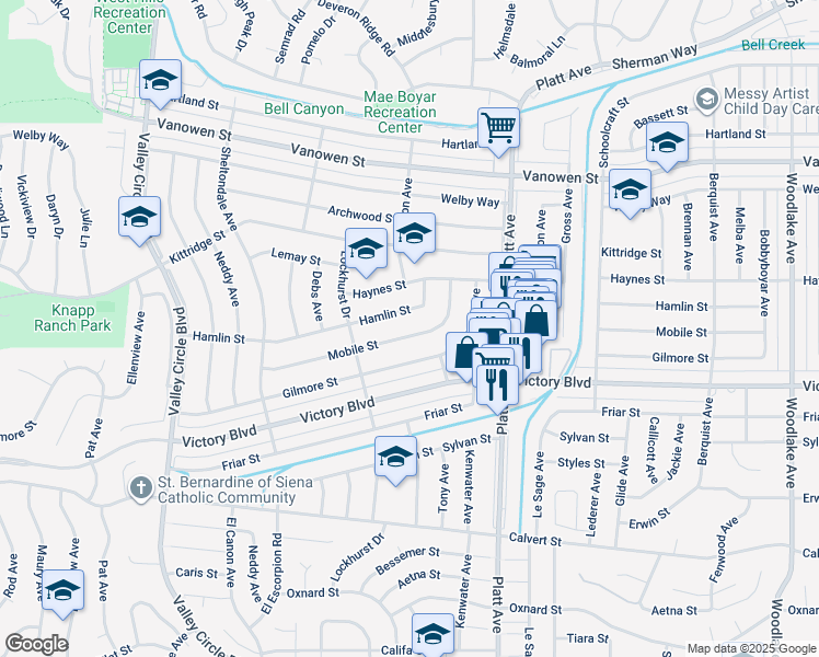 map of restaurants, bars, coffee shops, grocery stores, and more near 23913 Mobile Street in Los Angeles