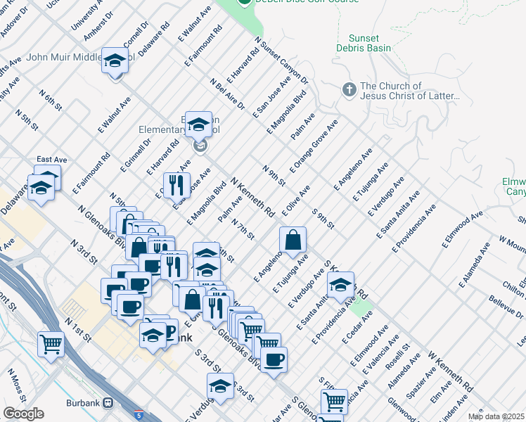 map of restaurants, bars, coffee shops, grocery stores, and more near 750 East Orange Grove Avenue in Burbank
